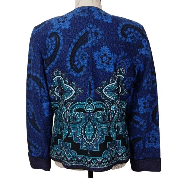 Coldwater Creek | Blue Green Paisley Print Open Front Lined Jacket | Size 10 - Picture 3 of 7